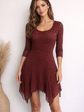 Joseph Ribkoff Sheer Mesh Dress Red Black Geometric Handkerchief Hem 3/4 Sleeve